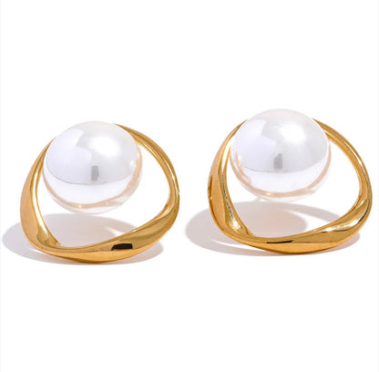 Round Hollow Stud Earrings Simulated Pearls