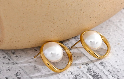 Round Hollow Stud Earrings Simulated Pearls