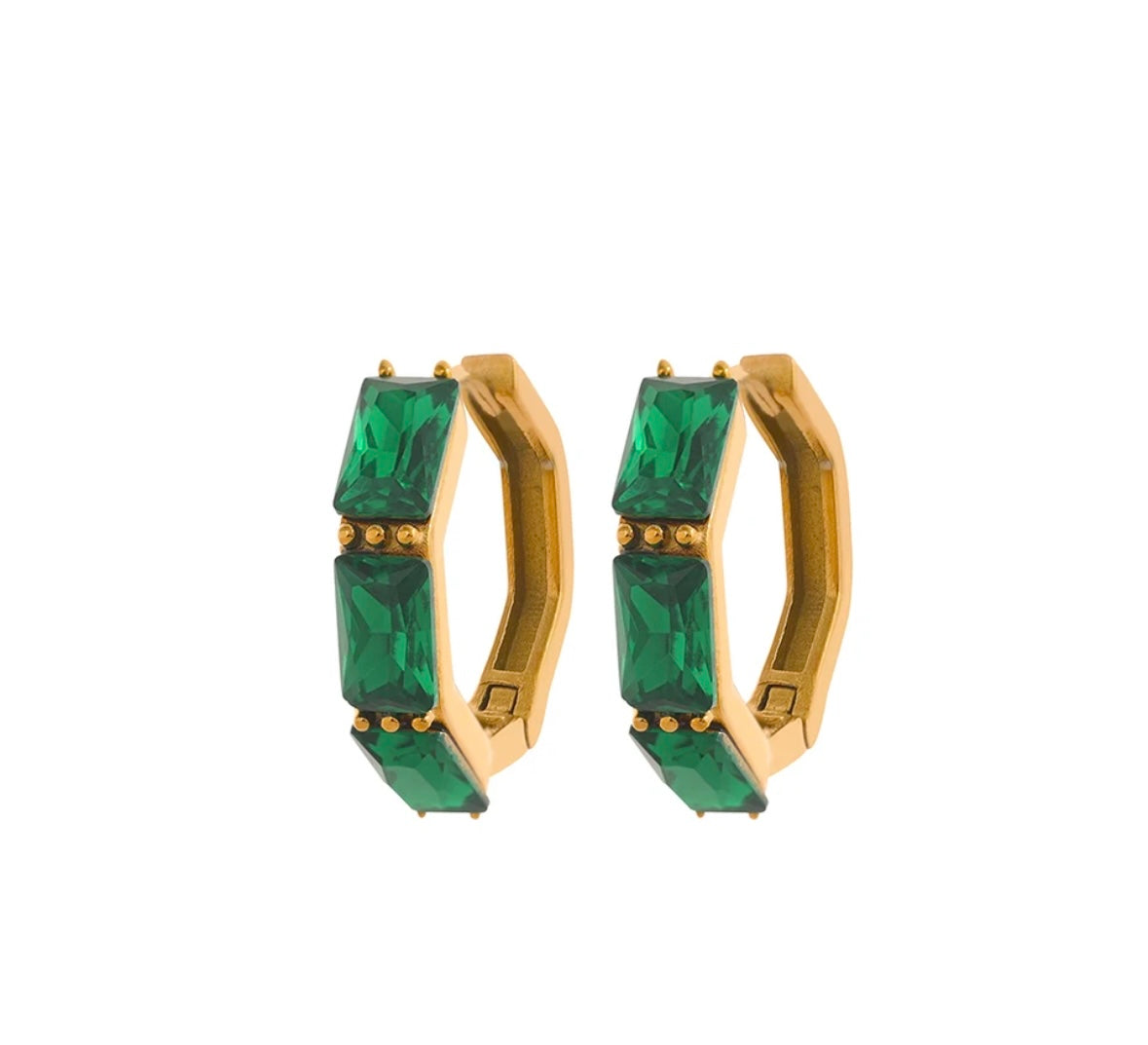 Hexagonal Green Huggie Earring