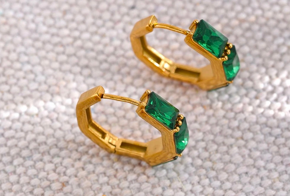 Hexagonal Green Huggie Earring