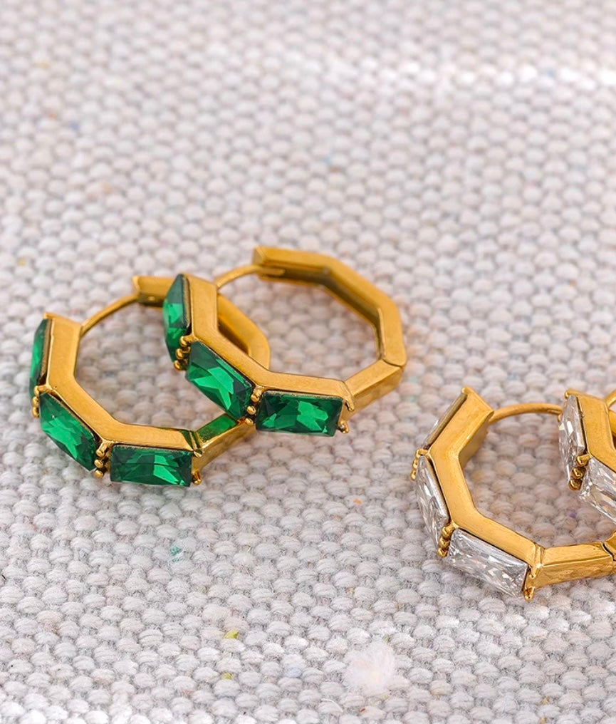 Hexagonal Green Huggie Earring